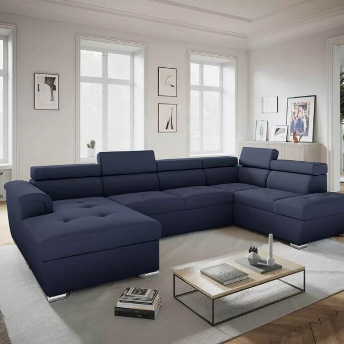 Canapé d'angle panoramique converible en tissu bleu foncé Primavera
